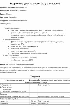 Разработка урок по баскетболу в 10 классе