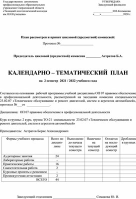 КТП ОП 07 правовое обеспечение в профессиональной деятельности, специальности 23.02.07 «Техническое обслуживание и ремонт двигателей, систем и агрегатов автомобилей»