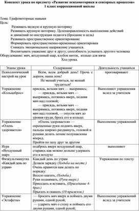 Конспект урока по предмету «Развитие психомоторики и сенсорных процессов» 1 класс коррекционной школы   Тема: Графомоторные навыки