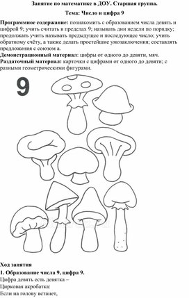 Занятие по математике в ДОУ. Старшая группа. Тема: Число и цифра 9