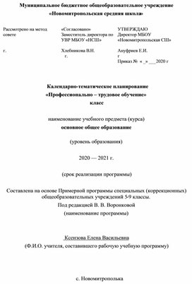 Календарно-тематическое планирование по предмету Профессионально-трудовое обучение - 6 класс