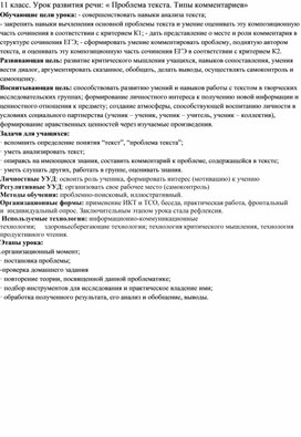 Урок русского языка в 11 классе "Проблема текста. Типы комментариев"