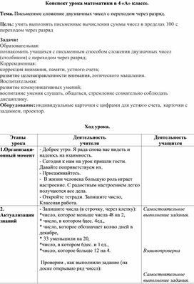 Конспект урока математики "Письменное сложение двузначных чисел с переходом через разряд"