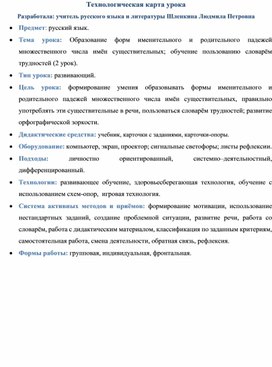 Технологическая карта урока русского языка