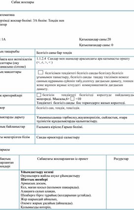 1Сеңсіздіктер Белгісіз саны бар теңдік ҚЫСҚА МЕРЗІМДІ ЖОСПАР