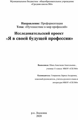 Направление: Профориентация Тема: «Путешествие в мир профессий»  Исследовательский проект  «Я в своей будущей профессии»