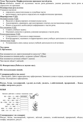 Конспект урока русского языка в 4 классе. Тема: Части речи. Морфологические признаки частей речи.