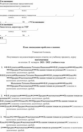 План ликвидации пробелов в знаниях