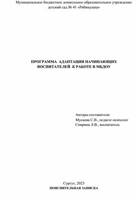 Обложка для материала Программа адаптации начинающих воспитателей к работе в МБДОУ