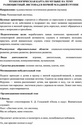 ТЕХНОЛОГИЧЕСКАЯ КАРТА ПО МУЗЫКЕ НА ТЕМУ РАЗНОЦВЕТНЫЙ ЛИСТОПАД В ПЕРВОЙ МЛАДШЕЙ ГРУППЕ