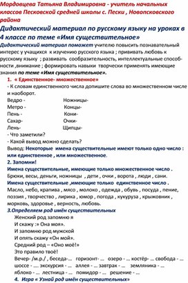 Дидактический материал по русскому языку на уроках в 4 классе по теме " Имя существительное"