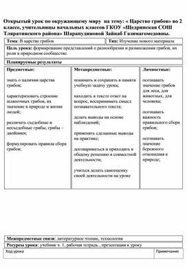 Конспект урока по окружающему миру на тему во 3 классе  " Царство грибов"