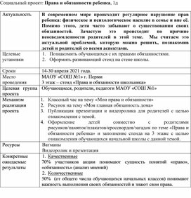 Обложка для материала Паспорт проекта "Мои права и обязанности"
