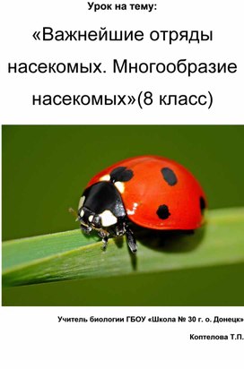 Обложка для материала Урок биологии в 8 классе на тему "Многообразие насекомых"