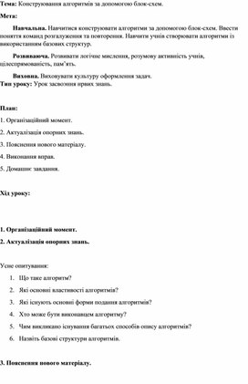 Обложка для материала Тема: Конструювання алгоритмів за допомогою блок-схем.