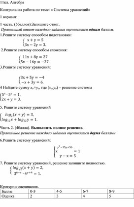 Обложка для материала Контрольная работа по теме:"Системы уравнений" в 11классе .