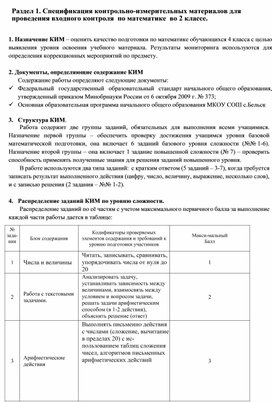 Обложка для материала КИМ. Входная контрольная работа. 2 класс.