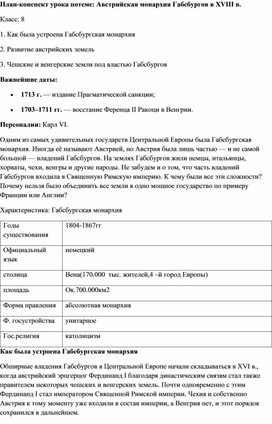 План-конспект урока по теме: Австрийская монархия Габсбургов в XVIII в. Класс: 8