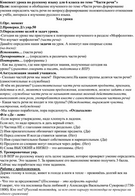 Конспект урока русского языка в 6 классе .Тема: Части речи.