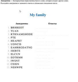 Обложка для материала Анаграммы по теме "My family"