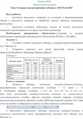 Обложка для материала Практическое занятие Тема: Создание и редактирование таблицы в  MS Word 2007