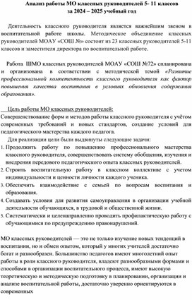 Обложка для материала Анализ работы МО классных руководителей 5- 11 классов  за 2024 – 2025 учебный год