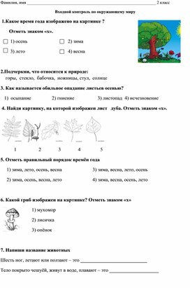 Контрольная работа по окружающему миру 1 класс