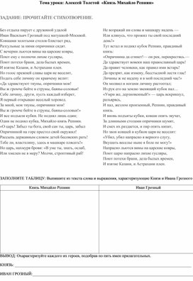 Обложка для материала Раздаточный материал по родной литературе в 8 классе на тему: "Алексей Толстой  «Князь Михайло Репнин»"