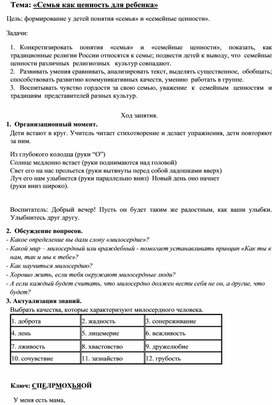 Обложка для материала Тема «Семья как ценность для ребенка»