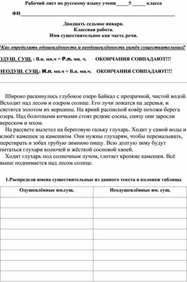 Рабочий лист по русскому языку для 5 класса по теме "Имя существительное"