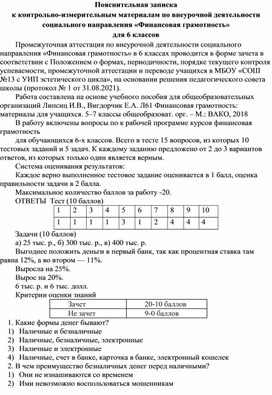 КИМ промежуточной аттестации по финансовой грамотности 6 класс