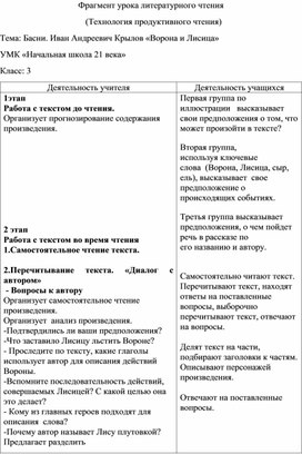 Фрагмент урока литературного чтения                                        (Технология продуктивного чтения) Тема: Басни. Иван Андреевич Крылов «Ворона и Лисица»