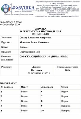 Обложка для материала № 847839О1.3.2020.1 от 29 декабря 2020  СПРАВКА О РЕЗУЛЬТАТАХ ПРОХОЖДЕНИЯ ОЛИМПИАДЫ Участник: 	Спыну Елизавета Андреевна Куратор:	Моисеева Раиса Ивановна Класс:	1 класс Предмет:	Окружающий мир Название  олимпиады	ОКРУЖАЮЩИЙ МИР 1-4  (ЗИМА 2020/21)