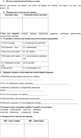 Проверочная работа "НЕ с существительными. Суффиксы -чик-  - -щик-, -ек-  - -ик-"