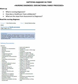 Обложка для материала Карточка-задание по английскому языку на тему «NURSING DIAGNOSES: DISFUNCTIONAL FAMILY PROCESSES»