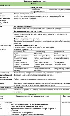 Обложка для материала 2Работа и мощность электрического тока план урока