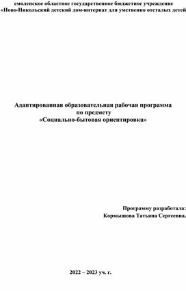 Обложка для материала Адаптированная образовательная рабочая программа  по предмету: «Социально-бытовая ориентировка»