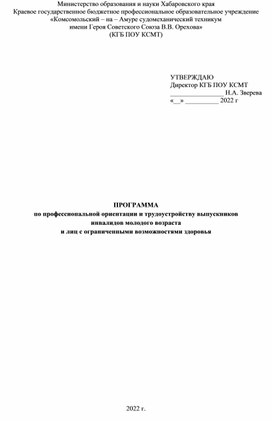 Программа по профессиональной ориентации и трудоустройству выпускников инвалидов молодого возраста  и лиц с ограниченными возможностями здоровья