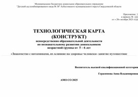 Обложка для материала ТЕХНОЛОГИЧЕСКАЯ КАРТА  (КОНСТРУКТ) непосредственно образовательной деятельности по познавательному развитию дошкольников возрастной группы от  5 – 6 лет «Знакомство с витаминами, их влияние на здоровье человека» занятие путешествие