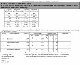 Задания для самостоятельной работы по MS Excel