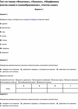 Обложка для материала Тест по темам «Фонетика», «Лексика», «Морфемика и словообразование», «Состав слова 5 кл»