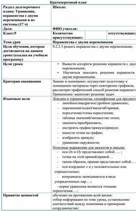 Алгебра 9 класс Неравенства с двумя переменными разработка урока (1)