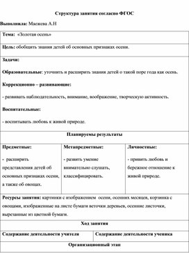 Конспект занятия на тему: "Золотая осень"