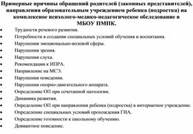 Примерные причины обращений родителей (законных представителей), направления образовательным учреждением ребенка (подростка) на комплексное психолого-медико-педагогическое обследование