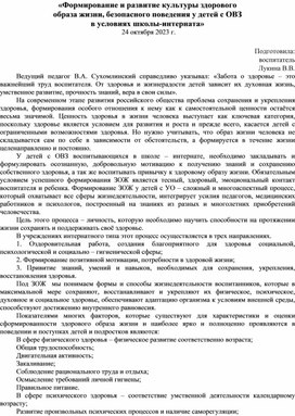 Доклад «Формирование и развитие культуры здорового образа жизни, безопасного поведения у детей с ОВЗ в условиях школы-интерната»