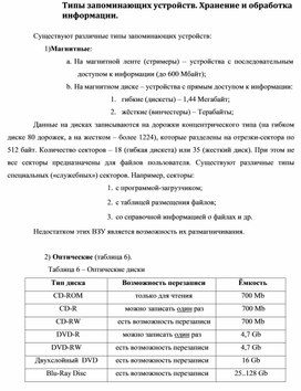 Обложка для материала Типы запоминающих устройств. Хранение и обработка информации