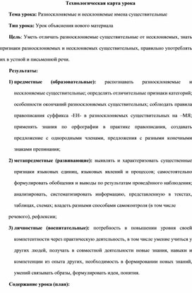 Разносклоняемые и несклоняемые имена существительные — технологическая карта