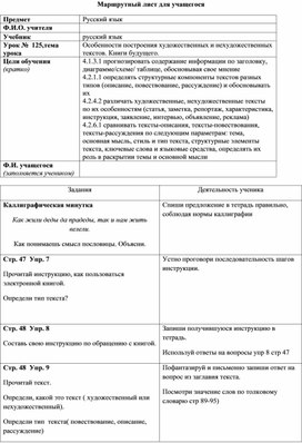 Маршрутный лист по русскому языку 4 класс