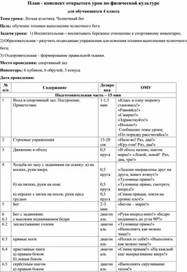 Обложка для материала " План - конспект открытого урок по физической культуре в 4 классе"