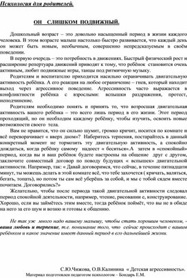 Обложка для материала Консультация для родителей - ОН    СЛИШКОМ  ПОДВИЖНЫЙ